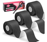 3 rotoli di nastro kinesiologico, impermeabile, nastro sportivo, elastico, 5 cm x 5 m, senza taglio, con forbici per caviglie, polsi, ginocchia, spalle, muscoli (nero)