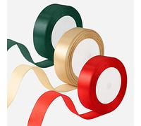 3 Rotoli Nastro di Raso, 25mm x 22m Nastri Colorati Nastro per Bomboniere Nastri Decorativi Tessuto per Confezioni regalo Natale Matrimonio Comunione Artigianato (Rosso+Oro+Verde Scuro)