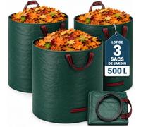 3 sacchetti per rifiuti da giardino, resistenti, 500 l, set di 3 pezzi, riutilizzabili con maniglie, pieghevoli, resistenti, in tessuto industriale per foglie, detriti, rami vegetali esterni