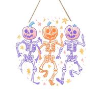 3 scheletri danzanti con teste di zucca cartello di benvenuto in legno per porta d'ingresso, 30 cm rotondo da appendere alla parete, decorazione per casa colonica