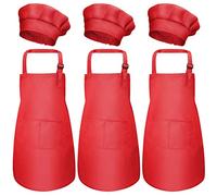 3 Set Bambini Grembiule e Cappello da Cuoco, Bambino Grembiule da Cucina con Tasche per Ragazze Ragazzi, Grembiuli da Chef Giardino per Cucinare Cottura Pittura Artigianato (3-6 Anni) (Rosso)