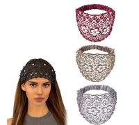 3 Set Boho-Chic Crystal & Pearl Embellished Elegant Floral Beaded Wide Headbands, Plum Blossom Hollow Elegant Floral Beaded Lace Head Coverings for Women (3Pcs-E)