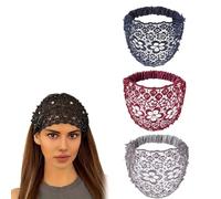 3 Set Boho-Chic Crystal & Pearl Embellished Elegant Floral Beaded Wide Headbands, Plum Blossom Hollow Elegant Floral Beaded Lace Head Coverings for Women (3Pcs-D)