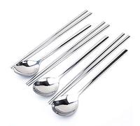 3 set di cucchiai in acciaio INOX coreano e bacchette, riutilizzabile metallo Falt e quadrato lungo manico Chopstix cucchiaio set