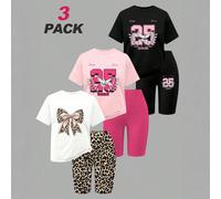 3 Set di Outfit per Ragazze Giovani, Stile Dolce e Cool / Stile Americano Retrò, Stampa Numero 25 e Colomba della Pace + Top a Maniche Corte con Fiocco Leopardato + Pantaloncini Set da 3 Pezzi, Versat