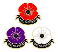3 spille in metallo a forma di papavero, 1 rossa, 1 viola, 1 bianca, con combinazione di fiori, con scritta "Let Us Not Forget The Veterans Day"