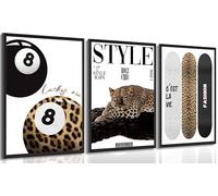 3 stampe artistiche da parete alla moda con leopardo estetico, elegante stampa leopardata, decorazione da parete funky Lucky 8 Ball ghepardo, decorazione per camera da letto e soggiorno, senza cornice