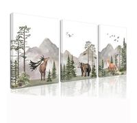 3 stampe artistiche da parete con cornice, animali selvatici, foresta, cervo, orso, volpe, acquerello, dipinti per cameretta dei bambini e avventura
