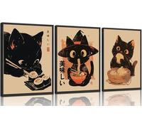 3 stampe artistiche da parete in tela senza cornice con gatto nero ramen giapponese, decorazione da parete con gatti che mangiano cibo, deliziosa decorazione retrò con gatto affamato, per cucina
