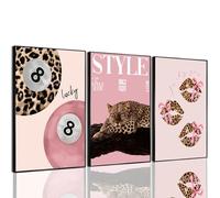 3 stampe artistiche da parete su tela leopardo rosa alla moda con ghepardo con 8 palline e fiocco, stampe artistiche alla moda, per camera da letto, dormitorio, soggiorno, decorazione senza cornice