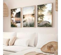 3 stampe artistiche su tela con paesaggio rustico moderno, trittico geometrico, poster da parete - Lago sereno e canoa in legno (20x30 cm x 3/cornice interna)