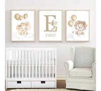 3 Stampe Bambino Animali Palloncino Nuvola Marroni Beige 30x 40 cm Quadro Personalizzato con Nomi Camera da Letto Ragazzo Decorativi da Parete Poster Camera Ragazza Regalo Tela senza Cornice