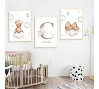 3 Stampe Bimbo Orso Nuvola Stelle Luna Marroni Beige 30x 40 cm Quadro Personalizzato con Nomi Camera da Letto Ragazzo Decorativi da Parete Bambini Poster Camera Ragazza Regalo Tela senza Cornice