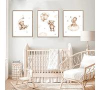 3 Stampe per Cameretta Neonato Orso Beige Quadro Camera da Letto Bambini Palloncino Nuvola Luna 30x40 Quadretti Cameretta Ragazzo Stella Poster Tela senza Cornice