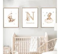 3 Stampe Personalizzate Nomi Bimbo Orso Nuvola Stelle Luna Marroni Beige 30x 40 cm Quadro Cameretta Ragazzo Decorativi da Parete Bambini Poster Camera Ragazza Regalo Tela senza Cornice