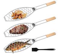 3 supporti per barbecue con manico in legno, 63 x 12 cm, grandi arrosti per pesce con manico in metallo, per barbecue e barbecue