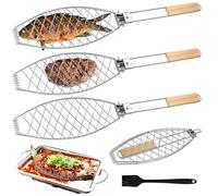 3 supporti per barbecue per pesce con manico in legno, 63 x 12 cm, grandi griglie per pesci con manico in metallo, pinze per barbecue e barbecue