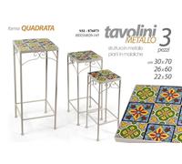 3 TAVOLINI COMODINO COLONNE PORTA PIANTA METALLO BIANCO PIANO MAIOLIC 70-60-50cm