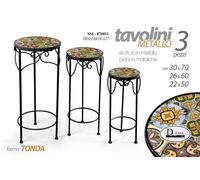 3 TAVOLINI COMODINO COLONNE PORTA PIANTA METALLO NERO PIANO MAIOLIC 70-60-50 cm