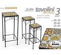 3 TAVOLINI COMODINO COLONNE PORTA PIANTA METALLO NERO PIANO MAIOLIC 70-60-50 cm