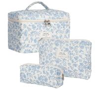 3-teilige Damen-Kosmetiktasche, Kulturtasche mit Griff, gesteppte Kosmetiktasche mit Blumenmuster, tragbare Waschtasche für Mädchen, Herren-Toilettenartikel (A)
