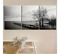 3 tele da 30 x 40 cm, con paesaggio in riva al lago dorato in bianco e nero, con ponte in legno dorato, alberi morti, uccelli volanti, poster e stampe, immagine da parete per soggiorno, camera da