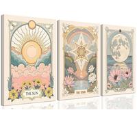 3 tele da parete con sole, luna e stelle, senza cornice, decorazione da parete vintage con tarocchi e astrologia, decorazione da parete con fiore di sole e luna piena di loto arcobaleno per camera da