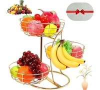 3-Tier Metal Fruit Basket with Banana Hanger, Fruit and Vegetable Basket - 3 Tier Metal Non-Slip Space Saving Organizer, Countertop Fruits Holder, for Kitchen Worktop, Party, Food, Snack (Gold)