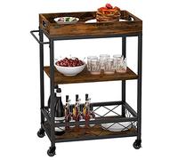 3-Tier Rustic Brown Bar Cart with Removable Tray - Wine Rack & Storage Shelves - Mobile Utility Trolley on Wheels for Home, Kitchen, Dining Room, Parties, Coffee & Drinks - Vintage Dining Car