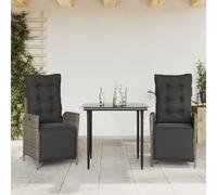 3-TLG. Gruppo da giardino in polyrattan grigio, poltrone regolabili, tavolo in vetro, cuscino per esterni, balcone, terrazza