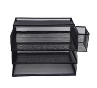 3 Tray Paper Organizer 3 Tier Letter Storage Mesh Desk A4 File Sorter with Top Box Pen Container for Home Office School Office Organization Durable Metal Mesh Iron Black