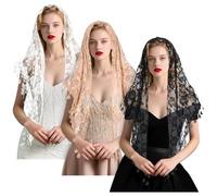 3 veli da cappella cattolica mantilla, velo triangolare, copertura per la testa della cattedrale, sciarpa in tulle con pizzo triangolare, per donne e ragazze, fascia per capelli floreale, veli latini
