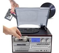 3 Velocità Bluetooth Giradischi Lettore Vinile per Home Audio | Supporta la riproduzione di CD e cassette, radio AM/FM integrata, compatibile con USB SD/MMC, finitura argento, 110V