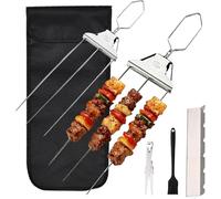 3-Way Stainless Steel BBQ Skewers, 3-Prong Kebab Skewers with Push Bar Slider, Reusable Meat Fork for BBQs, Chicken Sausages and Veggie Sticks, Dishwasher Safe Barbecue Accessorie (2Pcs)