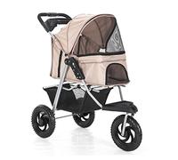 3 Wheels Dog Pram Stroller for Medium Small Dogs with Large Wheels, Pet Stroller for Cats/Dogs Pushchair Carrier Dog Strollers Foldable Cart with Cup Holder, Loading 55 Ibs(Khaki)