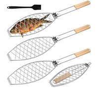 3 x arrosti per pesce, in acciaio inox, con manico in legno, 62 x 12 cm, per grigliare, per pesce, per barbecue, per pesce, pieghevole, pinza portatile, colore: argento