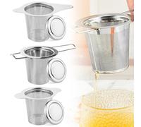 3 x Filtro da tè in acciaio inox per tè sfuso, filtro da tè per tè con coperchio e setaccio, fine Tea Strainer con manici pieghevoli Teeei per teiera, tazza, bicchiere, lavabile in lavastoviglie