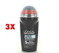 3 X L'oreal Men Expert Deodorante Roll-on Carbon Protect 5 In 1 50 Ml