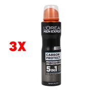 3 X L'oreal Men Expert Deodorante Spray Carbon Protect 150 Ml