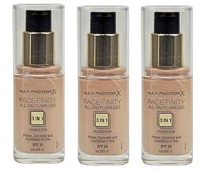 3 x Max Factor Facefinity All Day Flawless 3in1 Foundation - Golden 75 30ml by Max Factor