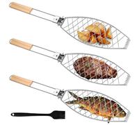 3 x supporto per barbecue con manico in legno, 63 x 12 cm, grande arrosto per pesce con manico in metallo, per barbecue e barbecue