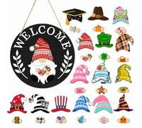 30,5 x 30,5 cm, gnomo decorativo intercambiabile con 15 cappelli anno per | Targa in legno con 15 cappelli magnetici e mensola e mantello decorativo stagionale