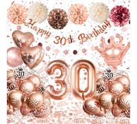 30 Anni Compleanno Donna,Palloncini 30 Anni Compleanno Oro Rosa, Decorazioni Compleanno 30 Anni con Palloncini Cuori e Corone, Striscione Happy 30th Birthday, Pompon di Carta, Decorazioni Festa Donna
