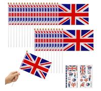 30 bandiere a mano con bandiera britannica, mini bandiera britannica palmare, con asta bianca, per decorazioni per feste di compleanno, anniversario, calcio, 2 adesivi per tatuaggi