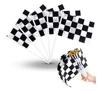 30 Bandiere a Scacchi con Bastoncini di Plastica Banner Race Car Bianco e Nero di Poliestere per Decorazione di Eventi e Festività