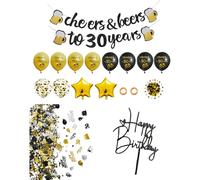 30° compleanno uomini, compleanno 30° anni, decorazione per torta nera Happy Birthday, coriandoli con paillettes e decorazione da tavolo, segno 30° palloncini in oro nero con striscione per compleanni