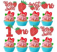 30 decorazioni per cupcake a forma di fragola con glitter e bacche, per il primo compleanno, per feste di nascita, feste di compleanno, colore rosso