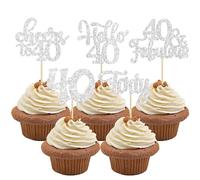30 decorazioni per cupcake con scritta "Happy 40th Birthday", glitterate, color argento, con scritta in lingua inglese "Forty Cheers to 40 year" (lingua italiana non garantita)
