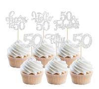30 decorazioni per cupcake con scritta "Happy 50th Birthday", glitterate, color argento, con scritta in lingua inglese "Fifty Cheers to 50 year" (lingua italiana non garantita)