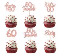 30 decorazioni per cupcake con scritta "Happy 60th Birthday", oro rosa, glitterate, per torte di compleanno a 60 anni, per 60° compleanno, anniversario, feste, decorazioni per torte